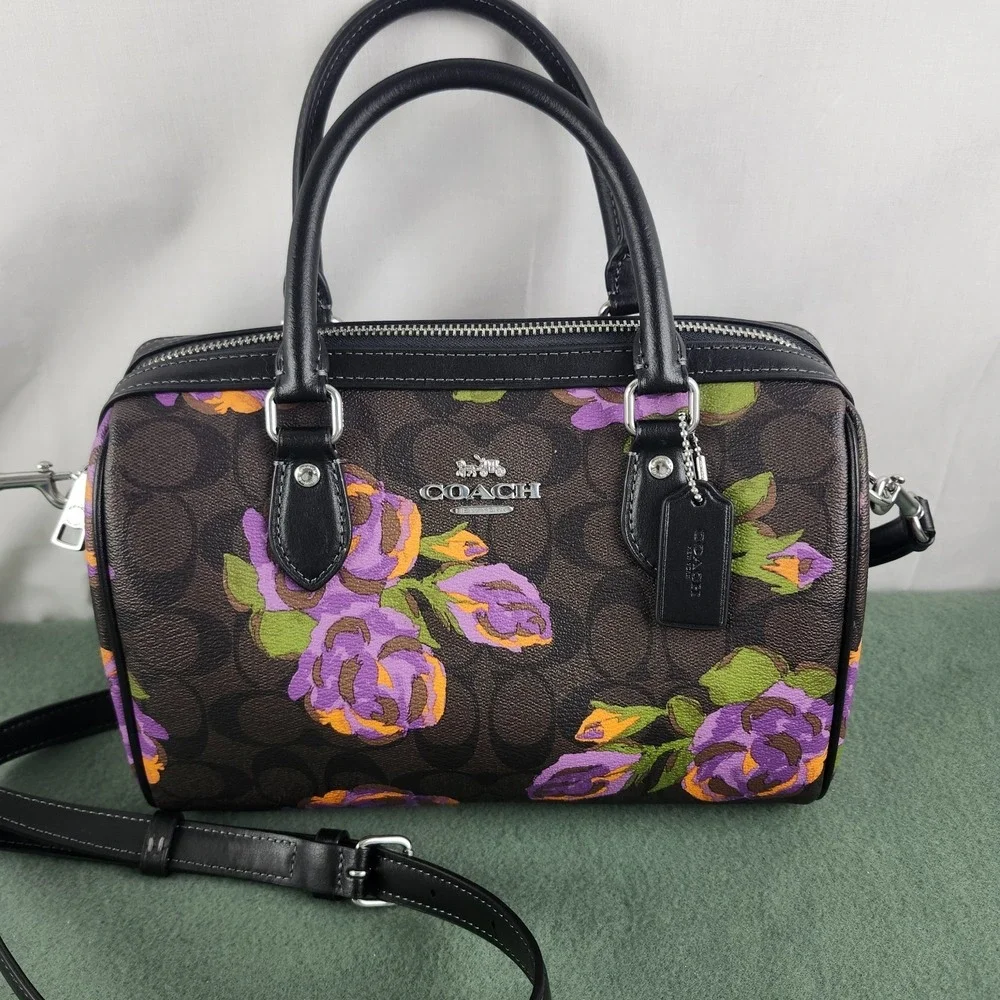 Coach Rowan Satchel Crossbody Bag Leather Rose Floral Print & Medium Wallet